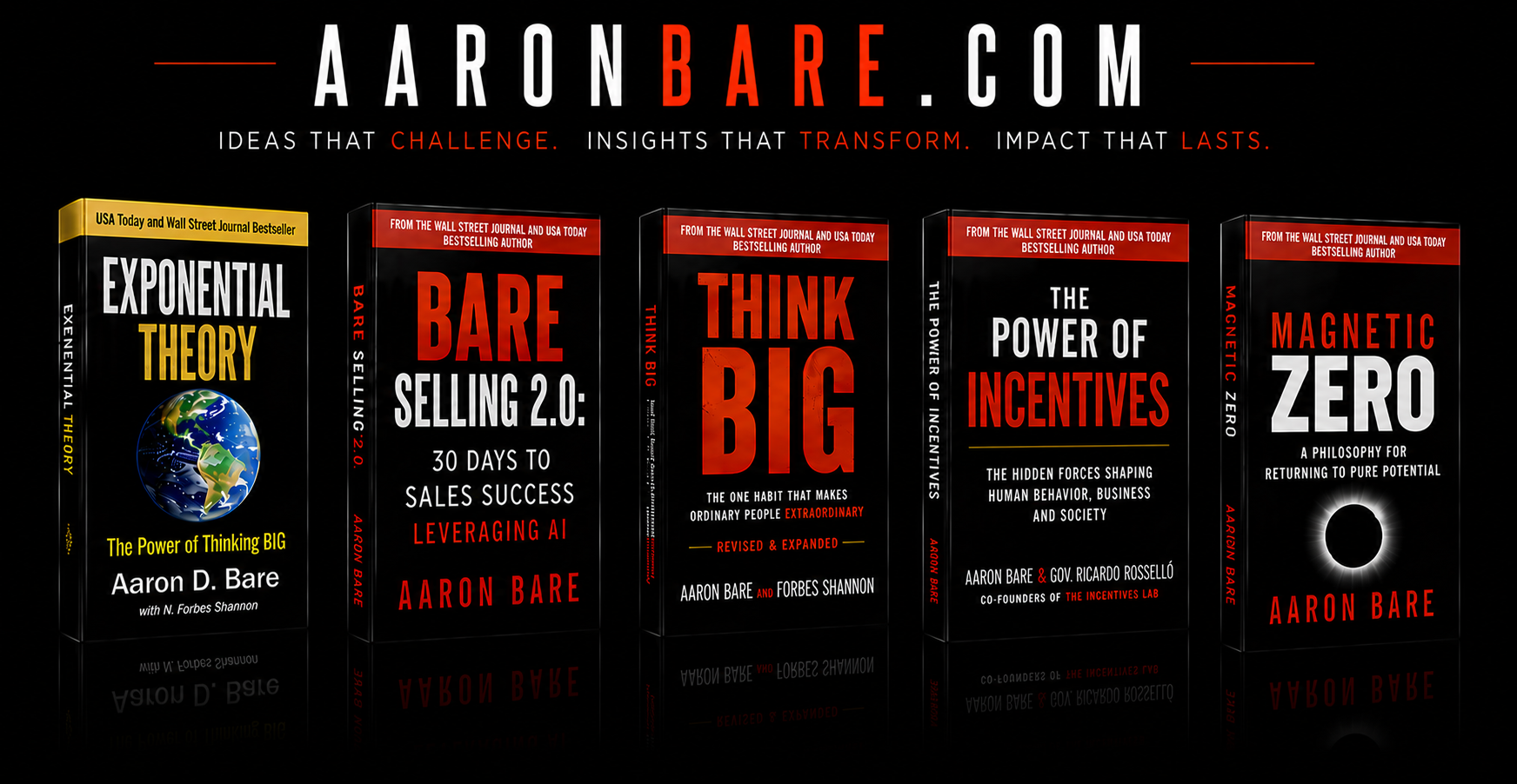 AaronBare.com — Ideas that challenge. Insights that transform. Impact that lasts. Book lineup including Reimagining Innovation, Exponential Theory, Bare Selling 2.0: 30 Days to Sales Success Leveraging AI, Think Big, All Problems Are Incentive Problems, and Magnetic Zero: A Philosophy for Returning to Pure Potential.
