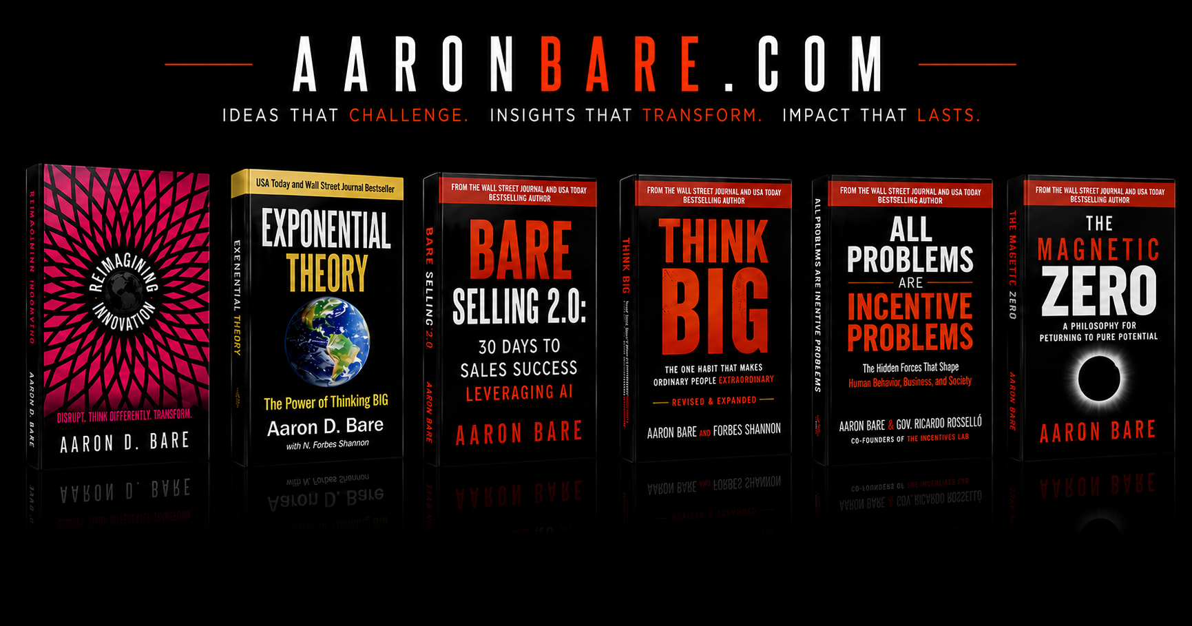 AaronBare.com — Ideas that challenge. Insights that transform. Impact that lasts. Book lineup including Reimagining Innovation, Exponential Theory, Bare Selling 2.0: 30 Days to Sales Success Leveraging AI, Think Big, All Problems Are Incentive Problems, and Magnetic Zero: A Philosophy for Returning to Pure Potential.